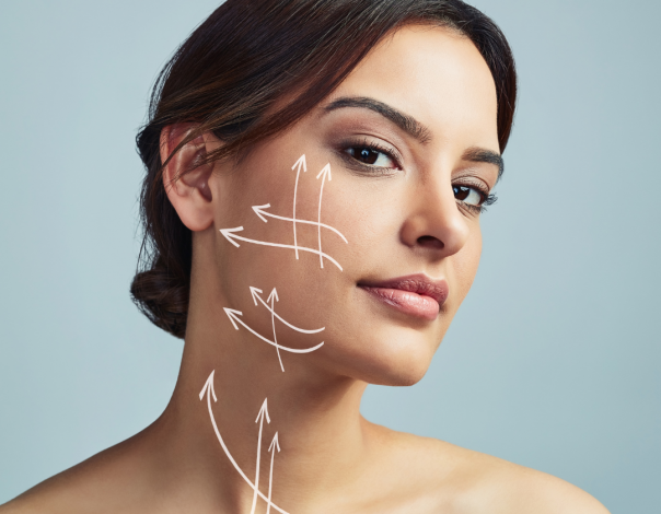 Image of a woman's face with contour lines superimposed.